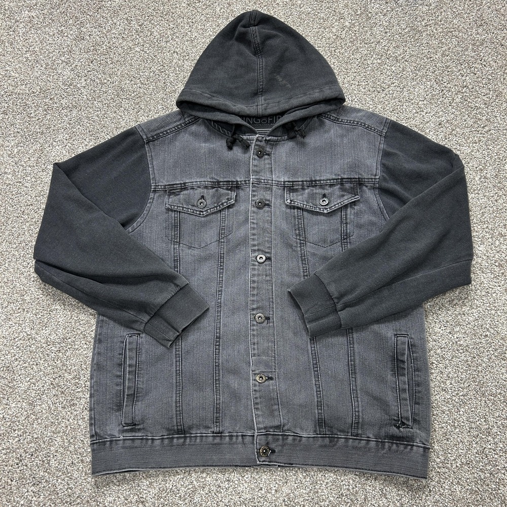 Ring Of Fire Jacket Mens XL Gray Denim Hooded Bomber Sweatshirt Sleeves